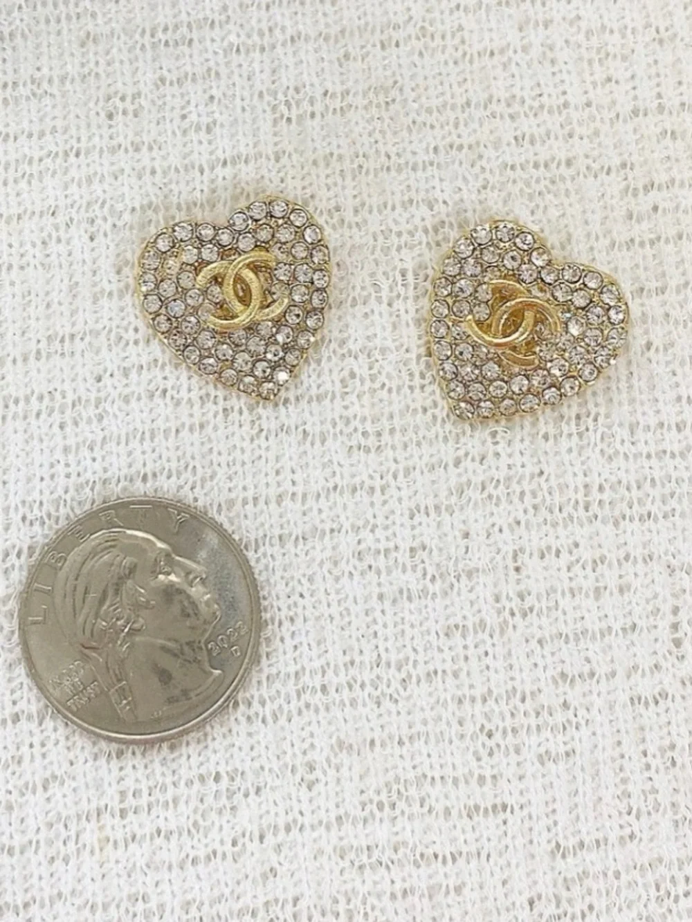Fashion CHAN3L Gold Heart Crystal Logo Earrings